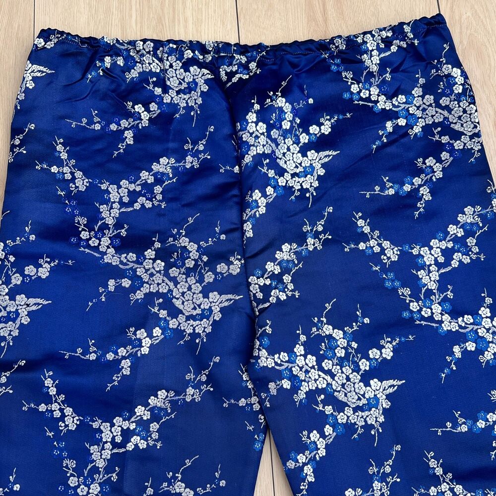 Vintage Chinese Blue Plum Blossom Satin Jacquard Cropped Pajama Pants 34" Waist - Picture 16 of 16